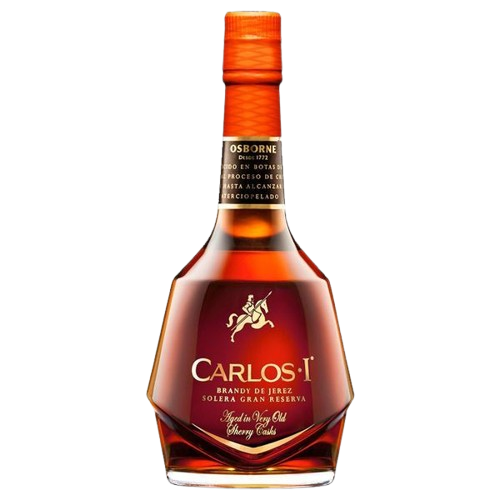 Carlos I Brandy de Jerez bottle with a classic design, perfect for luxury sipping in Mallorca