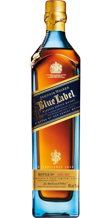 Johnnie Walker Blue Label whiskey in a luxurious bottle with a blue and gold label, perfect for high-end celebrations in Mallorca