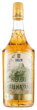 Hierbas Ibiza herbal liquor bottle with a golden cap and vintage label, perfect for Mallorca celebrations