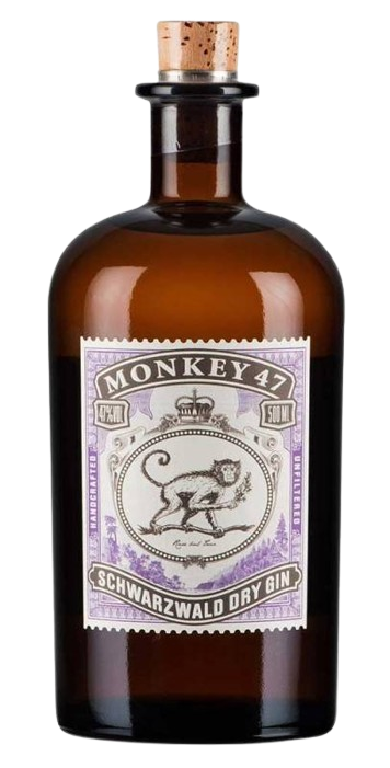 Monkey 47 Schwarzwald Dry Gin bottle with a unique cork top and purple label, ideal for luxury cocktails in Mallorca