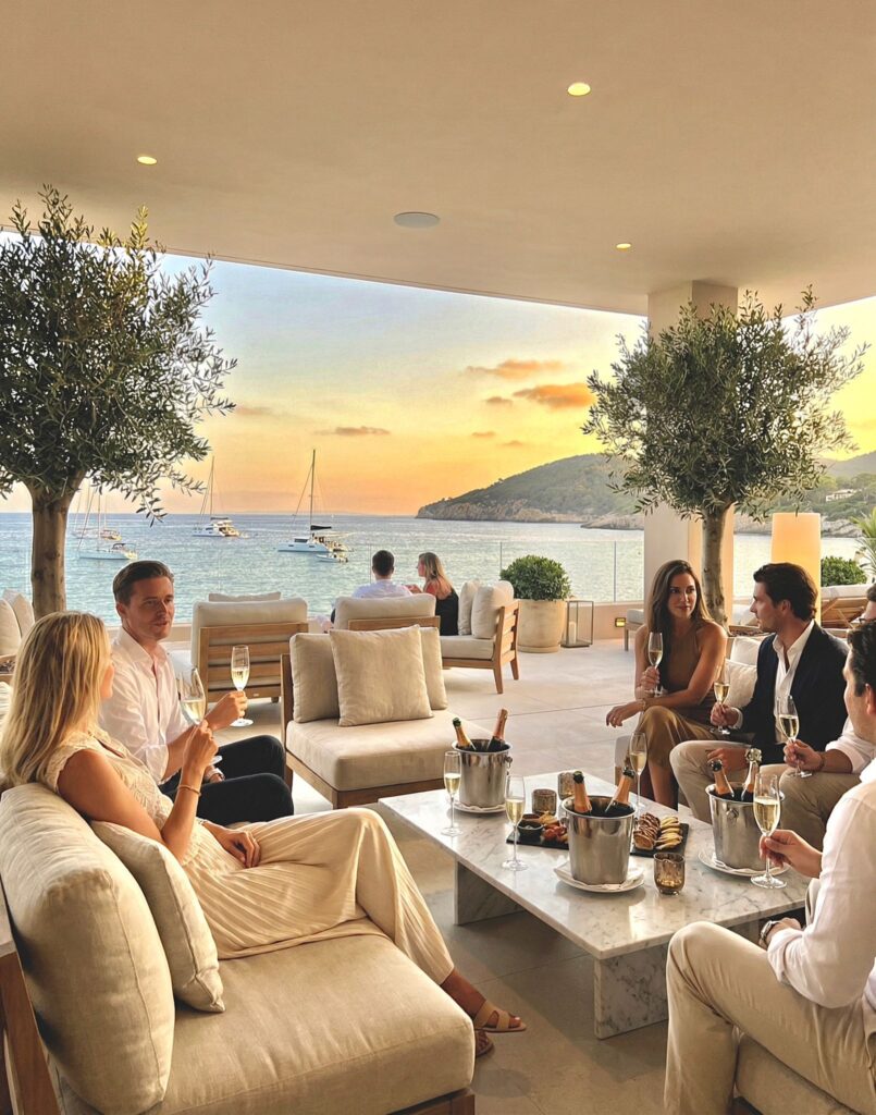 Group enjoying champagne on a terrace with a stunning sea view, perfect for luxury experiences in Mallorca