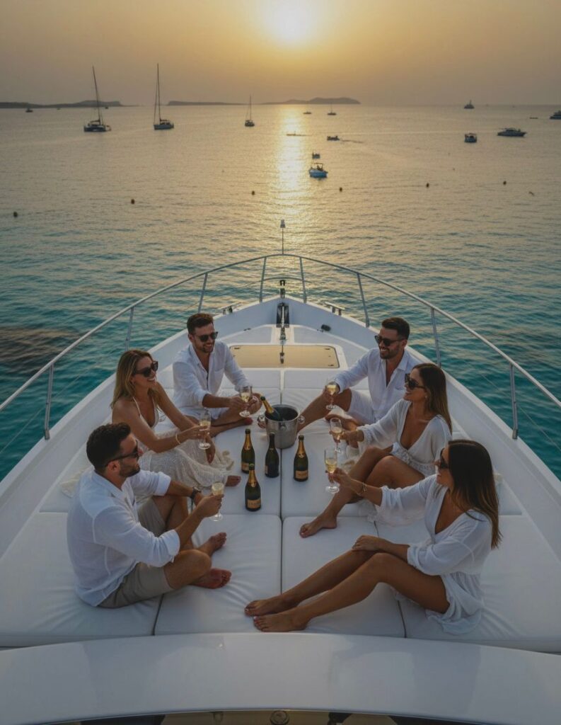 Friends celebrating with champagne on a yacht, surrounded by beautiful ocean views in Mallorca