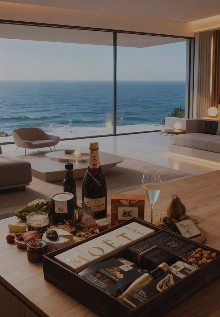Moët champagne and gourmet snacks displayed on a modern table in a luxurious home in Mallorca