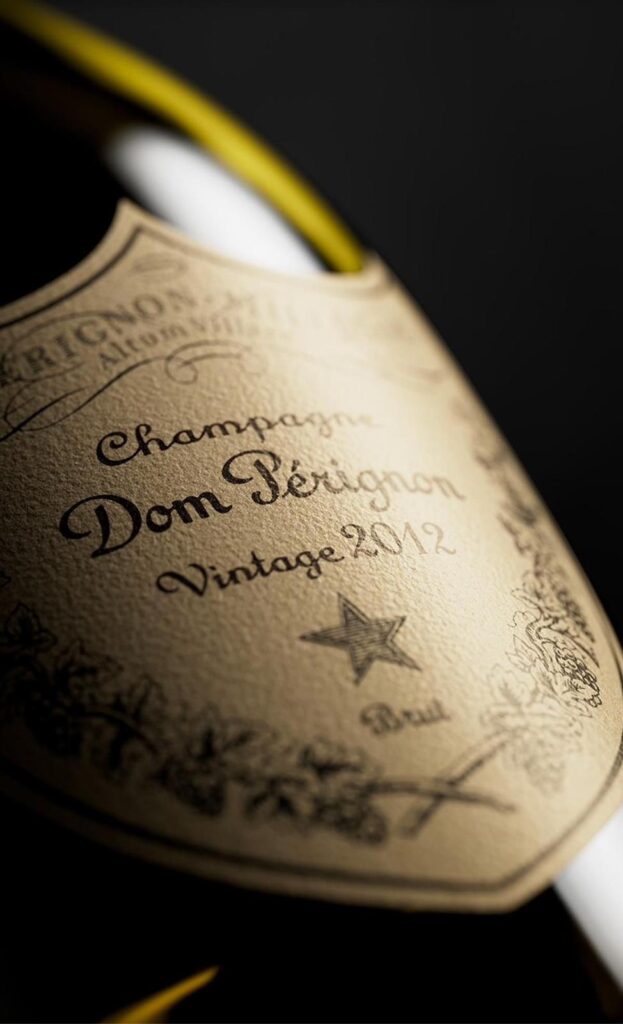 Close-up of a Dom Pérignon champagne bottle label from the 2012 vintage, perfect for luxury celebrations in Mallorca